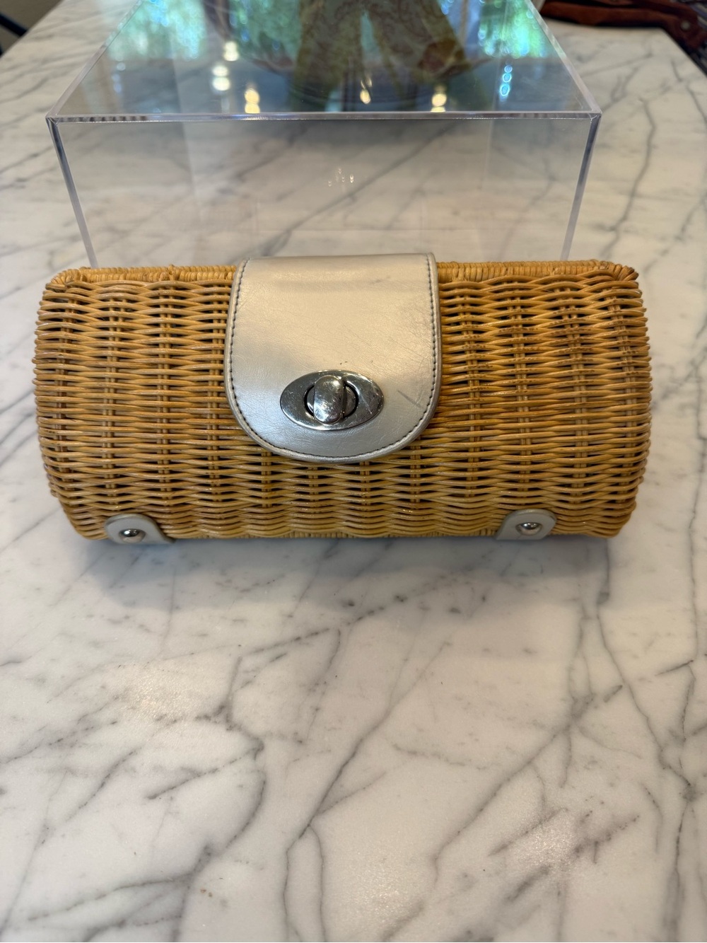 Woven Rattan Clutch with Silver Flap